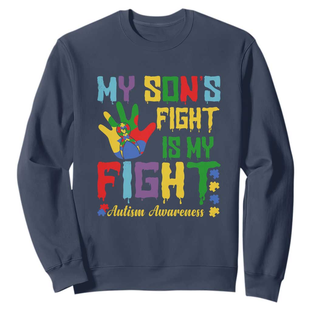 Autism Parents Sweatshirt My Son Fight Is My Fight Family Support Puzzle Ribbon TS01 Navy Printyourwear