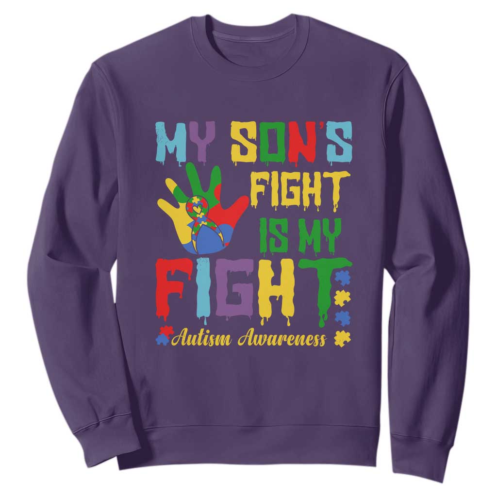 Autism Parents Sweatshirt My Son Fight Is My Fight Family Support Puzzle Ribbon TS01 Purple Printyourwear