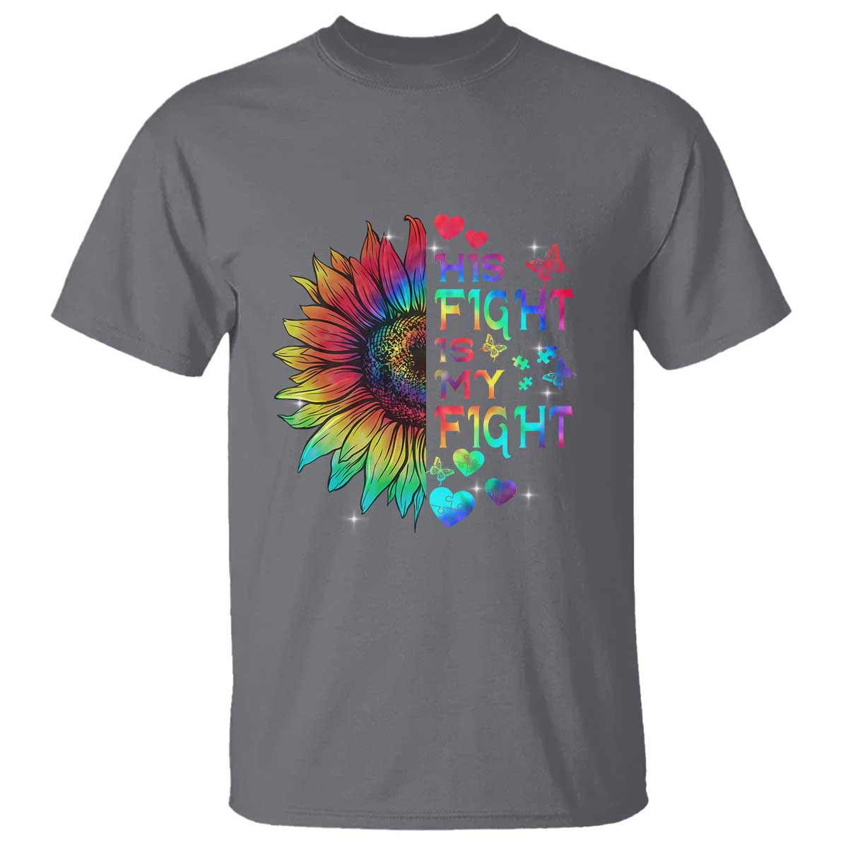Sunflower Autism T Shirt His Fight is My Fight Rainbow TS01 Charcoal Printyourwear