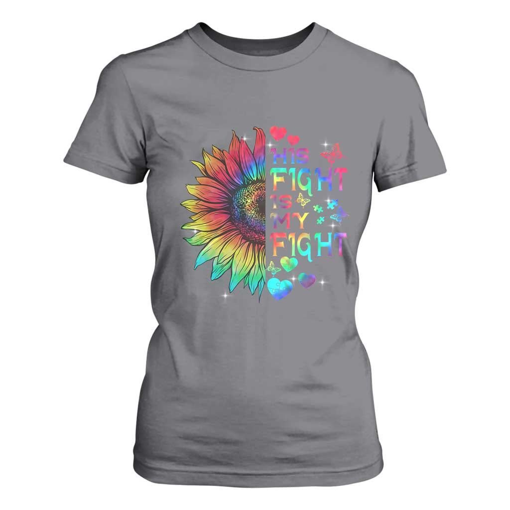 Sunflower Autism T Shirt For Women His Fight is My Fight Rainbow TS01 Charcoal Printyourwear