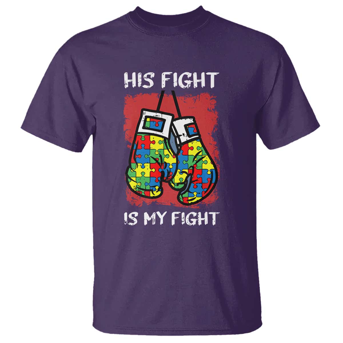Autism Support T Shirt His Fight is My Fight Jigsaw Puzzle Boxing Gloves TS01 Purple Printyourwear