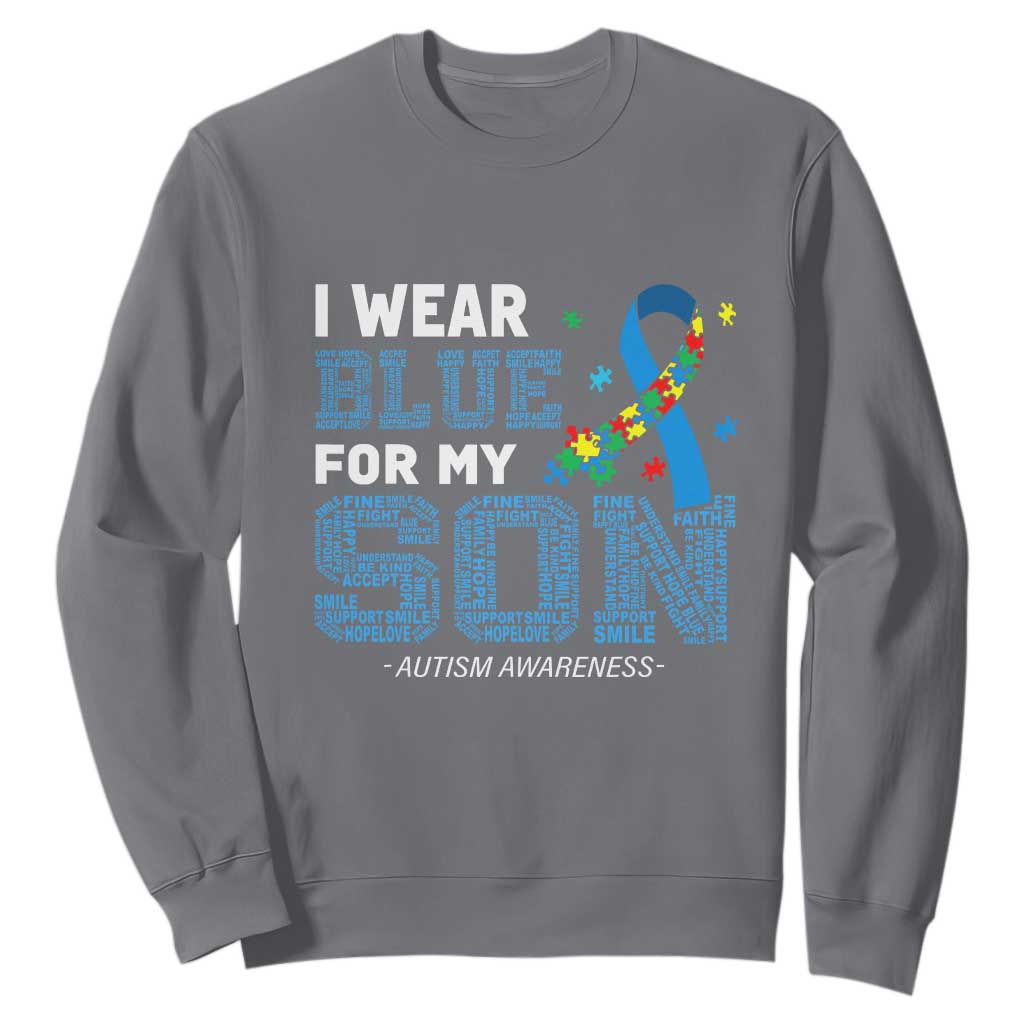 Autism Parents Sweatshirt I Wear Blue For My Son Family Support Puzzle Blue Ribbon TS01 Charcoal Printyourwear