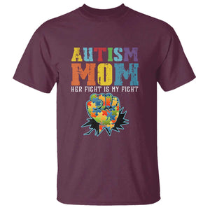 Autism Mom T Shirt Her Fight is My Fight Puzzle Raised Fist TS01 Maroon Printyourwear