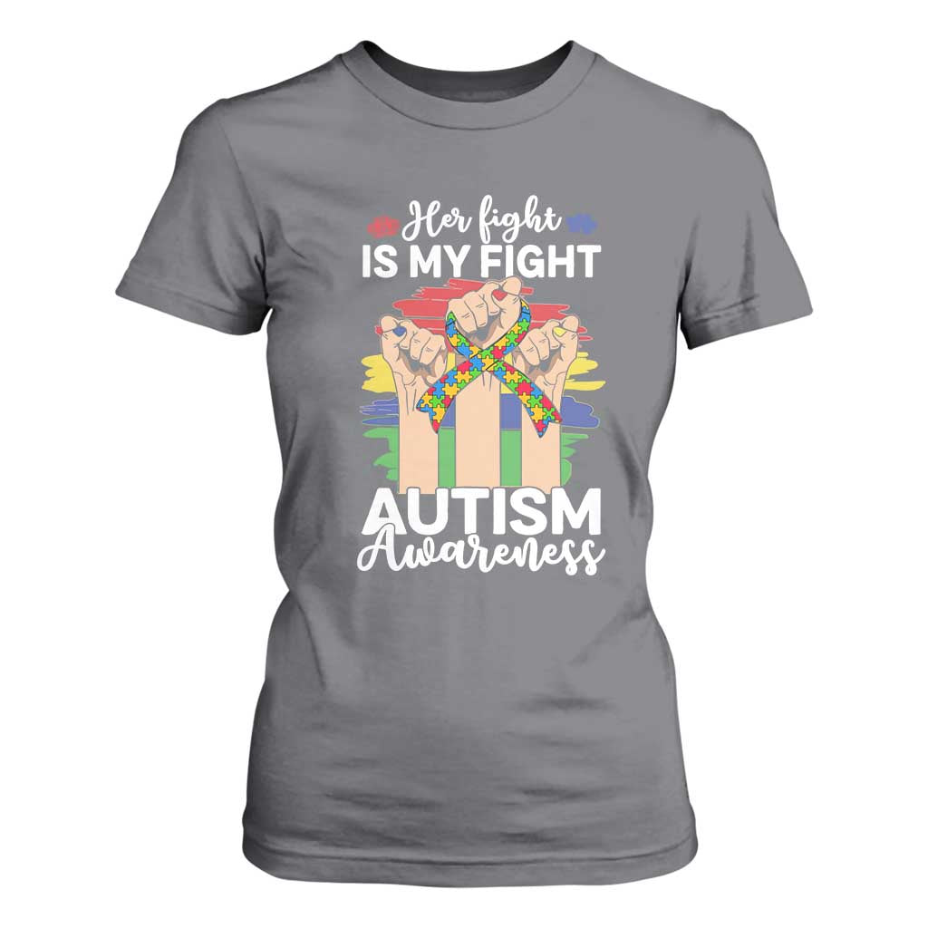 Autism Support T Shirt For Women Her Fight is My Fight Together Puzzle Ribbon Raised Fists TS01 Charcoal Printyourwear