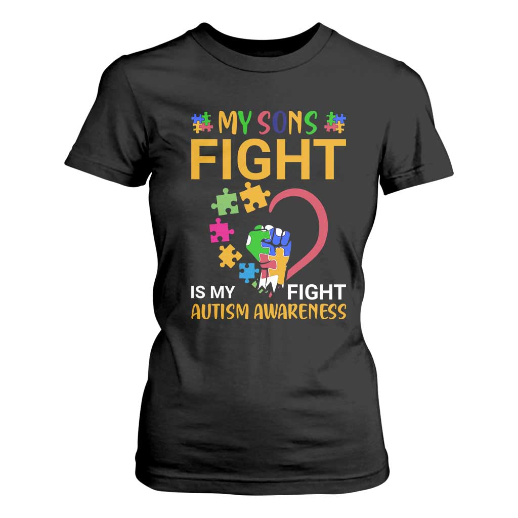 Autism Parents T Shirt For Women My Son Fight is My Fight Jigsaw Puzzle TS01 Black Printyourwear