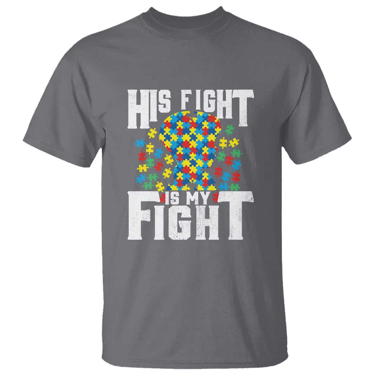 Autism Support T Shirt His Fight is My Fight Jig Saw Puzzle Boy TS01 Charcoal Printyourwear