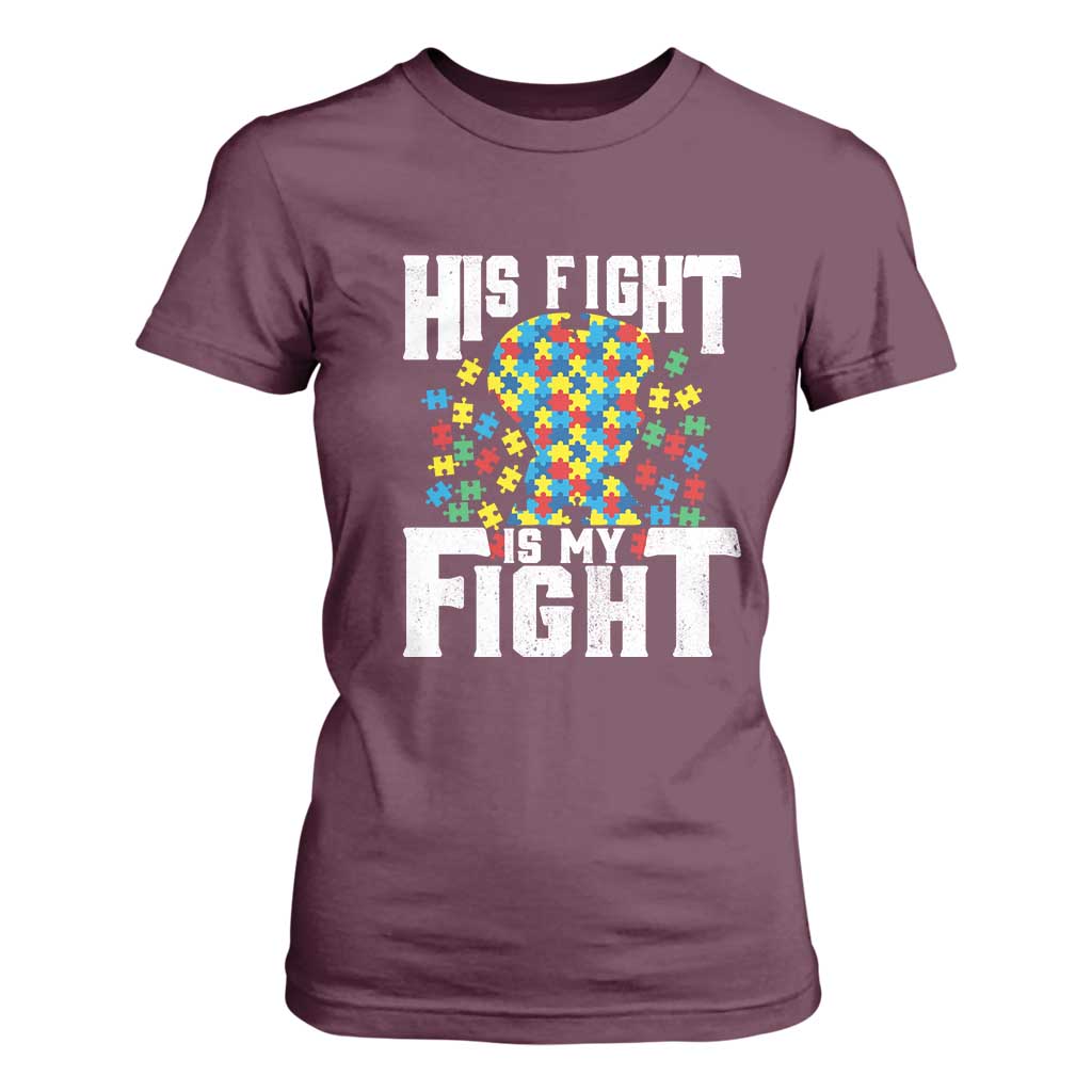 Autism Support T Shirt For Women His Fight is My Fight Jig Saw Puzzle Boy TS01 Maroon Printyourwear