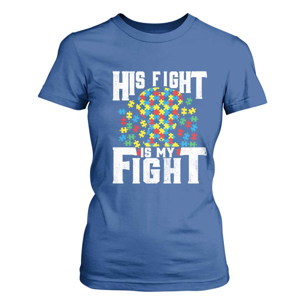Autism Support T Shirt For Women His Fight is My Fight Jig Saw Puzzle Boy TS01 Royal Blue Printyourwear