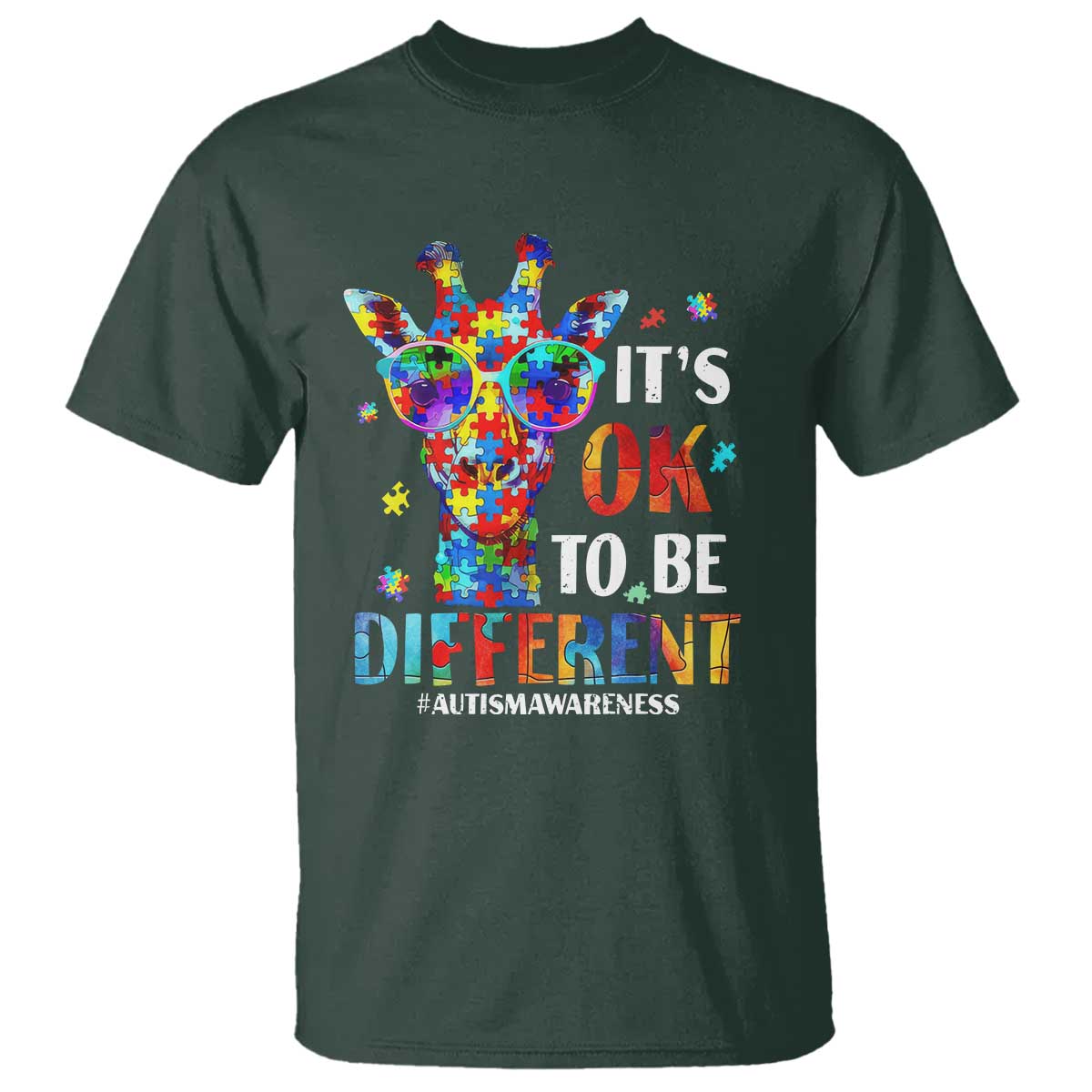 Cool Giraffe Autism T Shirt It's Ok To Be Different Jigsaw Puzzle TS01 Dark Forest Green Printyourwear