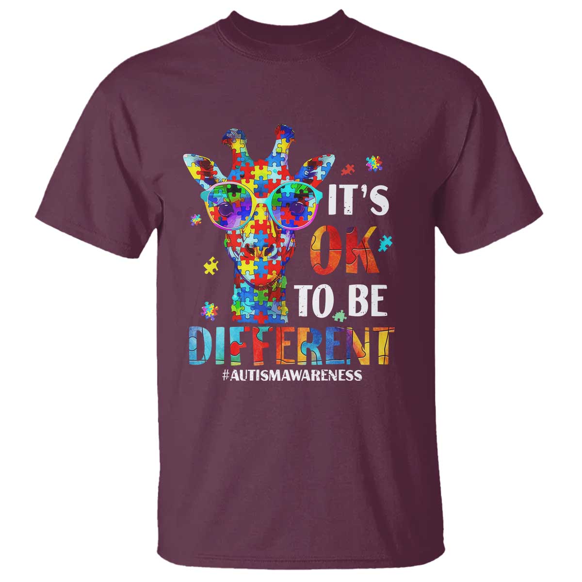 Cool Giraffe Autism T Shirt It's Ok To Be Different Jigsaw Puzzle TS01 Maroon Printyourwear