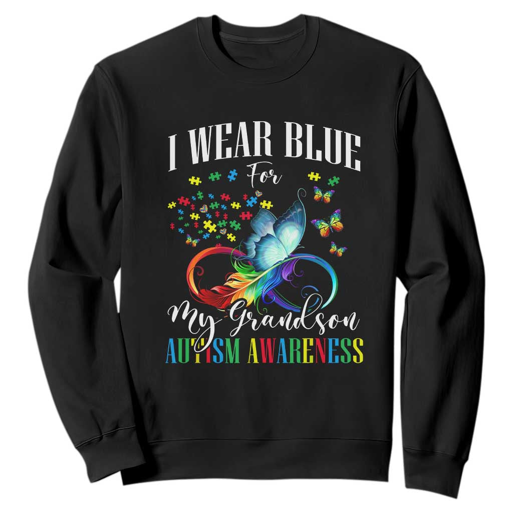 Autism Grandparents Sweatshirt I Wear Blue For My Grandson Grandma Grandpa Rainbow Infinity with Feather Butterfly TS01 Black Printyourwear