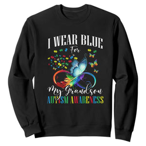 Autism Grandparents Sweatshirt I Wear Blue For My Grandson Grandma Grandpa Rainbow Infinity with Feather Butterfly TS01 Black Printyourwear