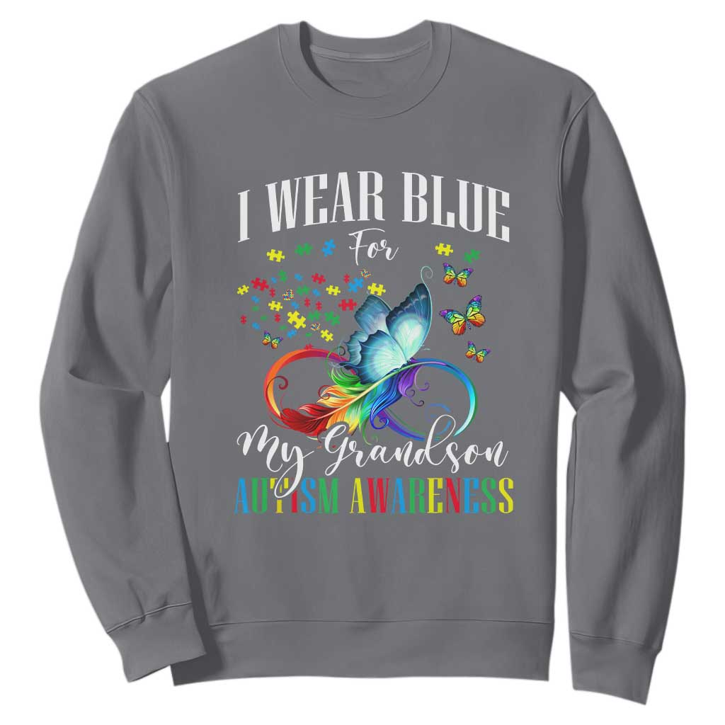 Autism Grandparents Sweatshirt I Wear Blue For My Grandson Grandma Grandpa Rainbow Infinity with Feather Butterfly TS01 Charcoal Printyourwear