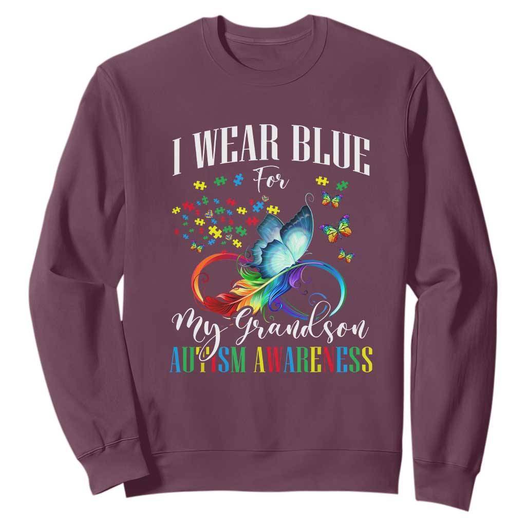 Autism Grandparents Sweatshirt I Wear Blue For My Grandson Grandma Grandpa Rainbow Infinity with Feather Butterfly TS01 Maroon Printyourwear