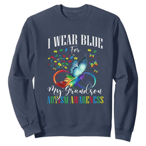 Autism Grandparents Sweatshirt I Wear Blue For My Grandson Grandma Grandpa Rainbow Infinity with Feather Butterfly TS01 Navy Printyourwear