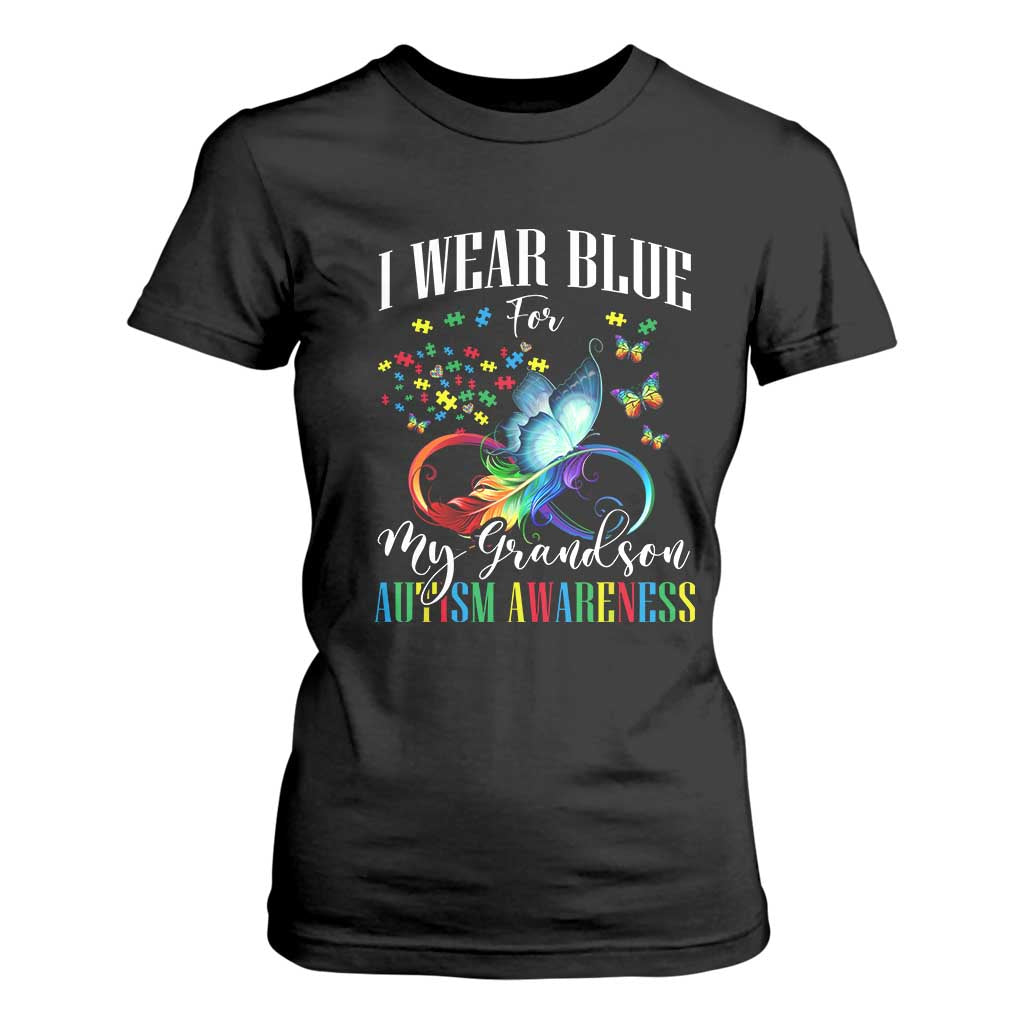 Autism Grandparents T Shirt For Women I Wear Blue For My Grandson Grandma Grandpa Rainbow Infinity with Feather Butterfly TS01 Black Printyourwear