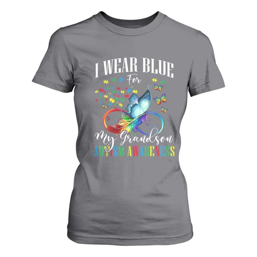 Autism Grandparents T Shirt For Women I Wear Blue For My Grandson Grandma Grandpa Rainbow Infinity with Feather Butterfly TS01 Charcoal Printyourwear