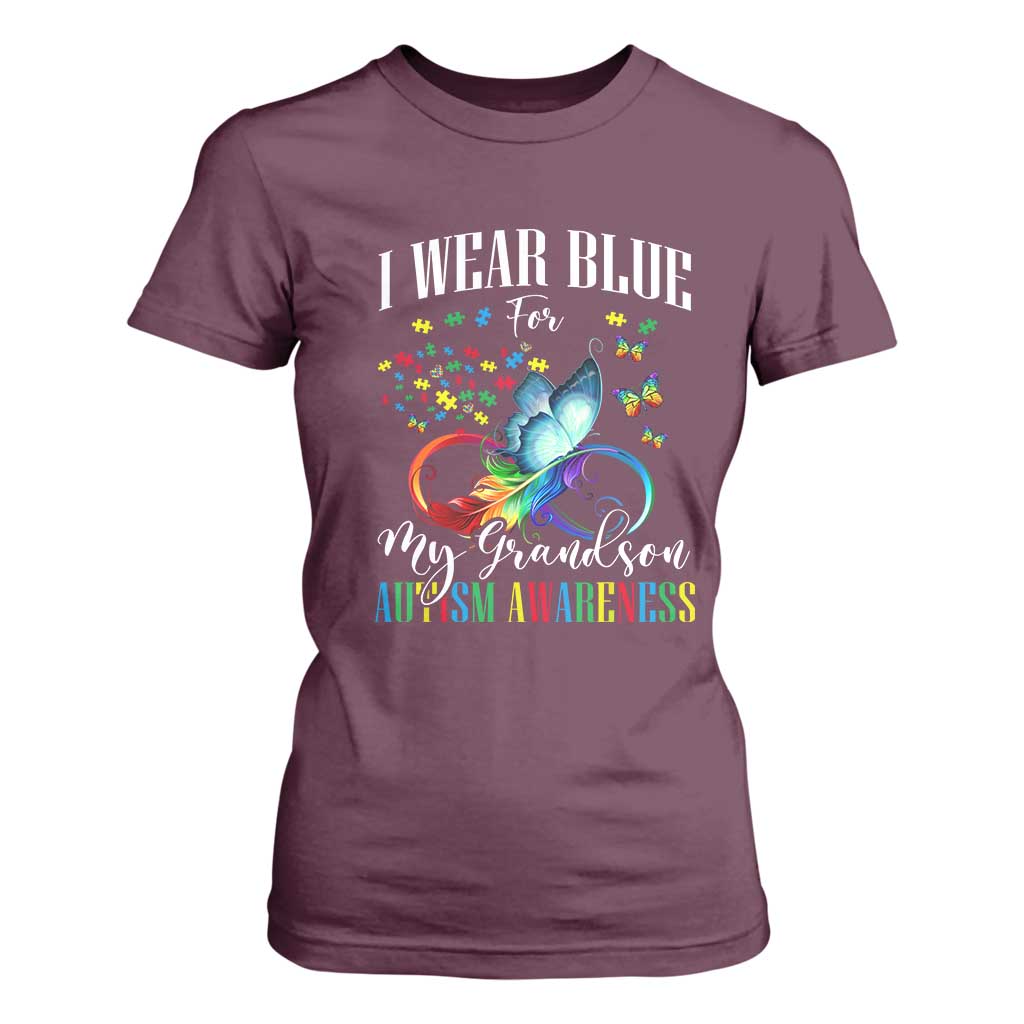 Autism Grandparents T Shirt For Women I Wear Blue For My Grandson Grandma Grandpa Rainbow Infinity with Feather Butterfly TS01 Maroon Printyourwear