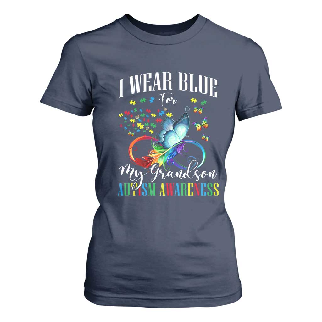 Autism Grandparents T Shirt For Women I Wear Blue For My Grandson Grandma Grandpa Rainbow Infinity with Feather Butterfly TS01 Navy Printyourwear