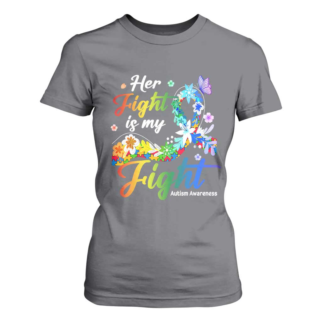 Autism Support T Shirt For Women Her Fight Is My Fight Floral Rainbow Ribbon TS01 Charcoal Printyourwear