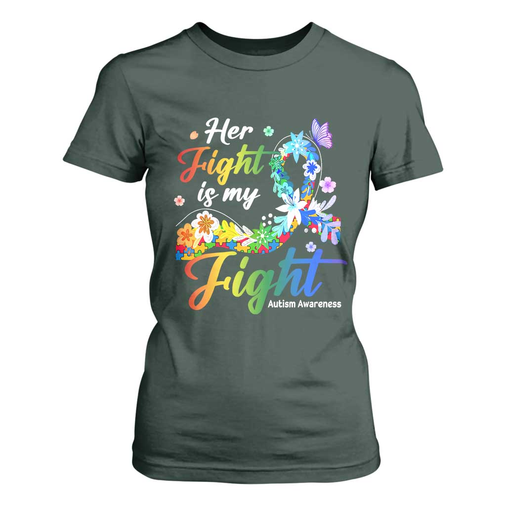 Autism Support T Shirt For Women Her Fight Is My Fight Floral Rainbow Ribbon TS01 Dark Forest Green Printyourwear