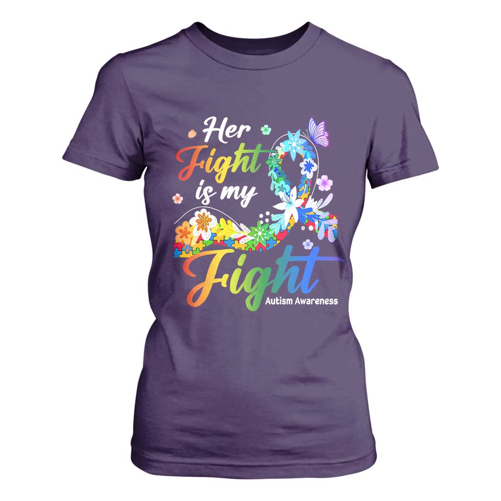 Autism Support T Shirt For Women Her Fight Is My Fight Floral Rainbow Ribbon TS01 Purple Printyourwear