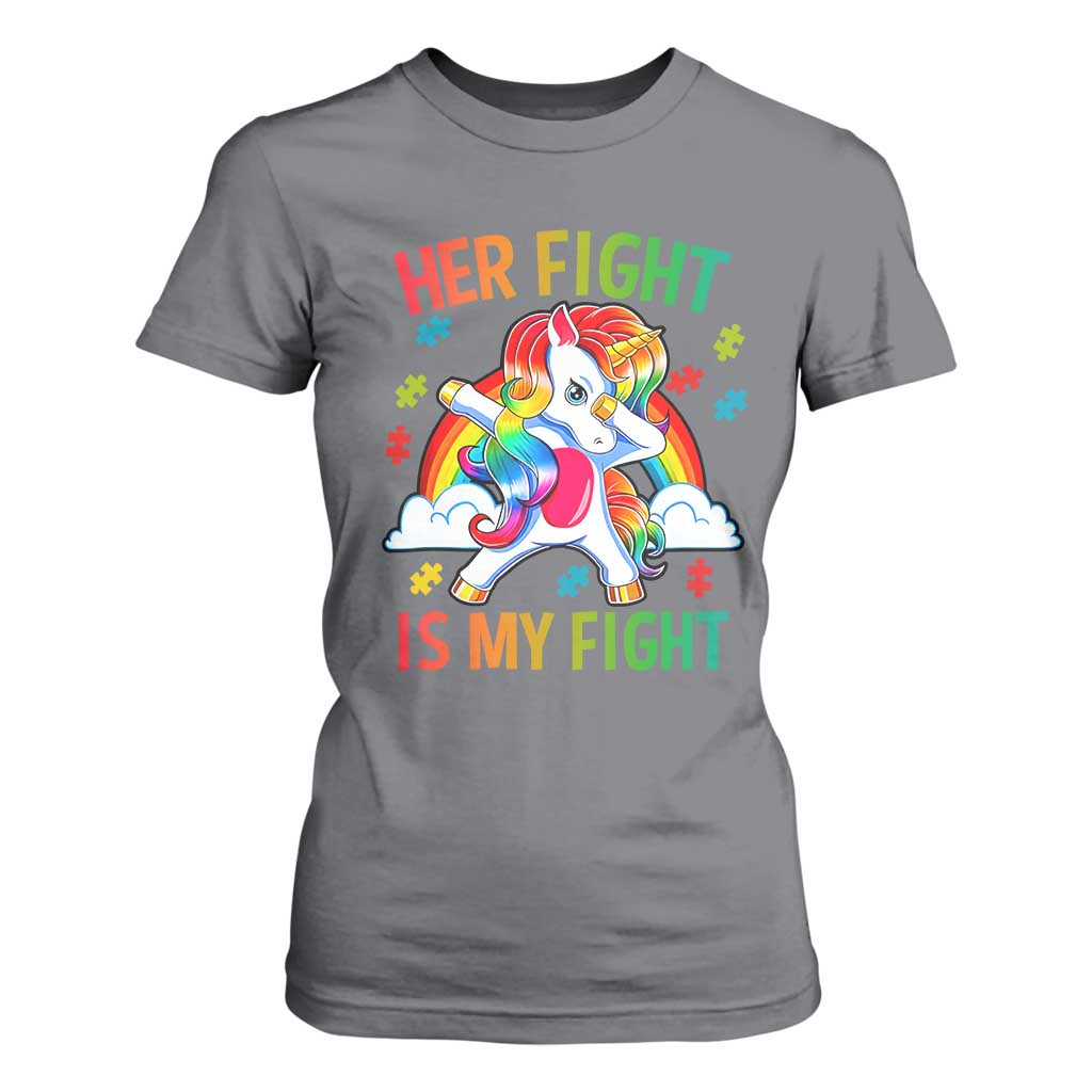 Autism Support T Shirt For Women Her Fight Is My Fight Cute Dabbing Unicorn Rainbow TS01 Charcoal Printyourwear