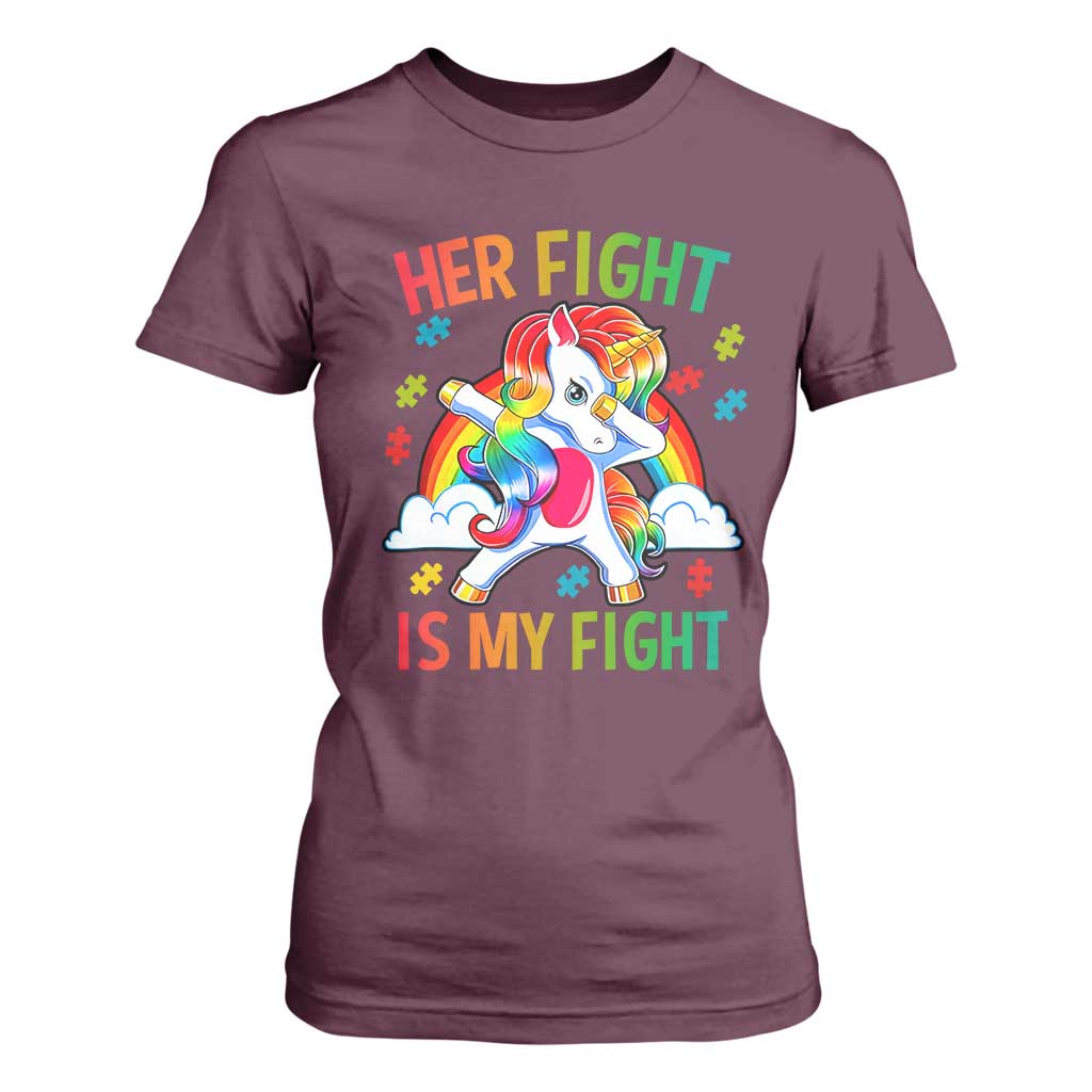 Autism Support T Shirt For Women Her Fight Is My Fight Cute Dabbing Unicorn Rainbow TS01 Maroon Printyourwear