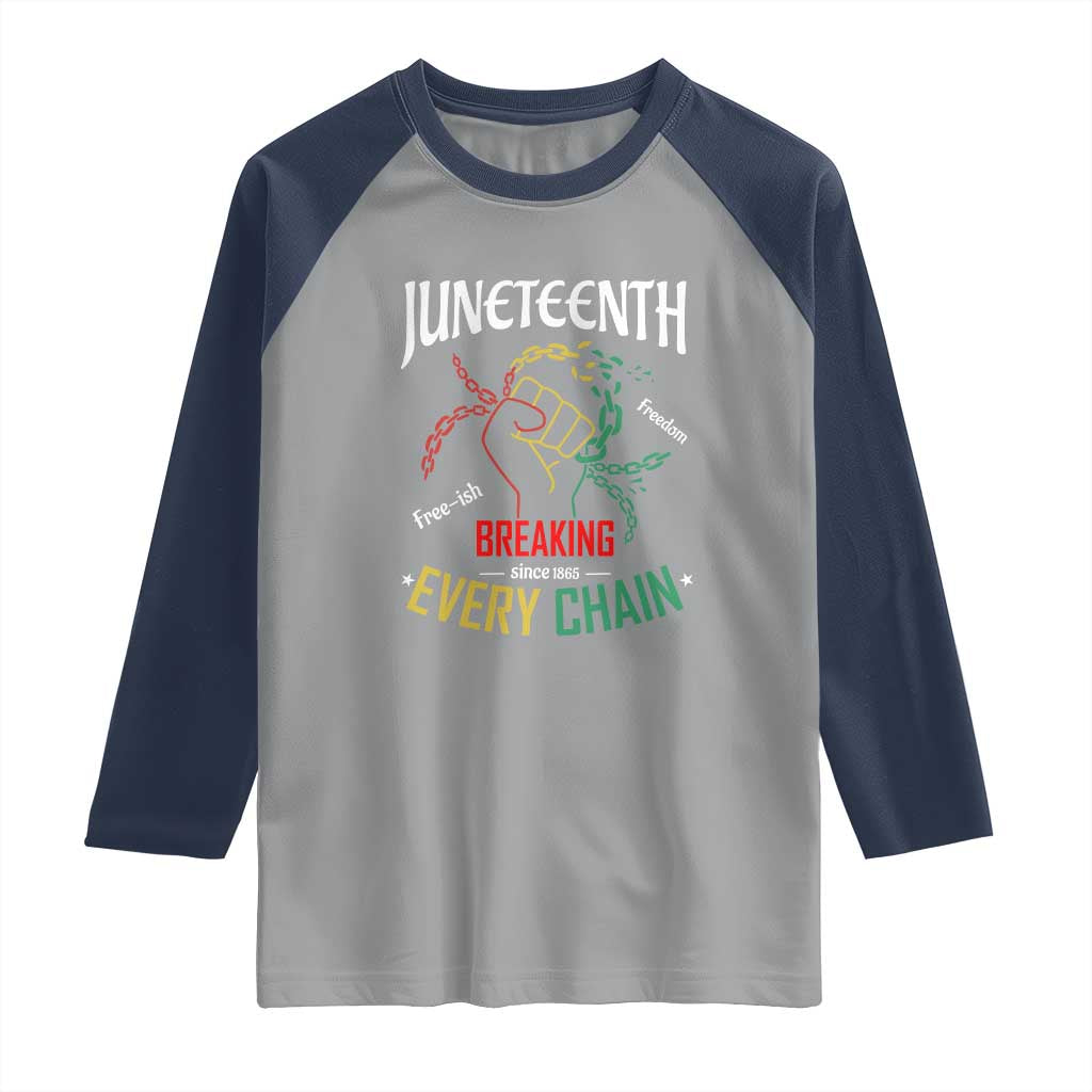 Juneteenth 1865 Raglan Shirt Breaking Every Chain Freeish Black Freedom TS01 Sport Gray Navy Print Your Wear