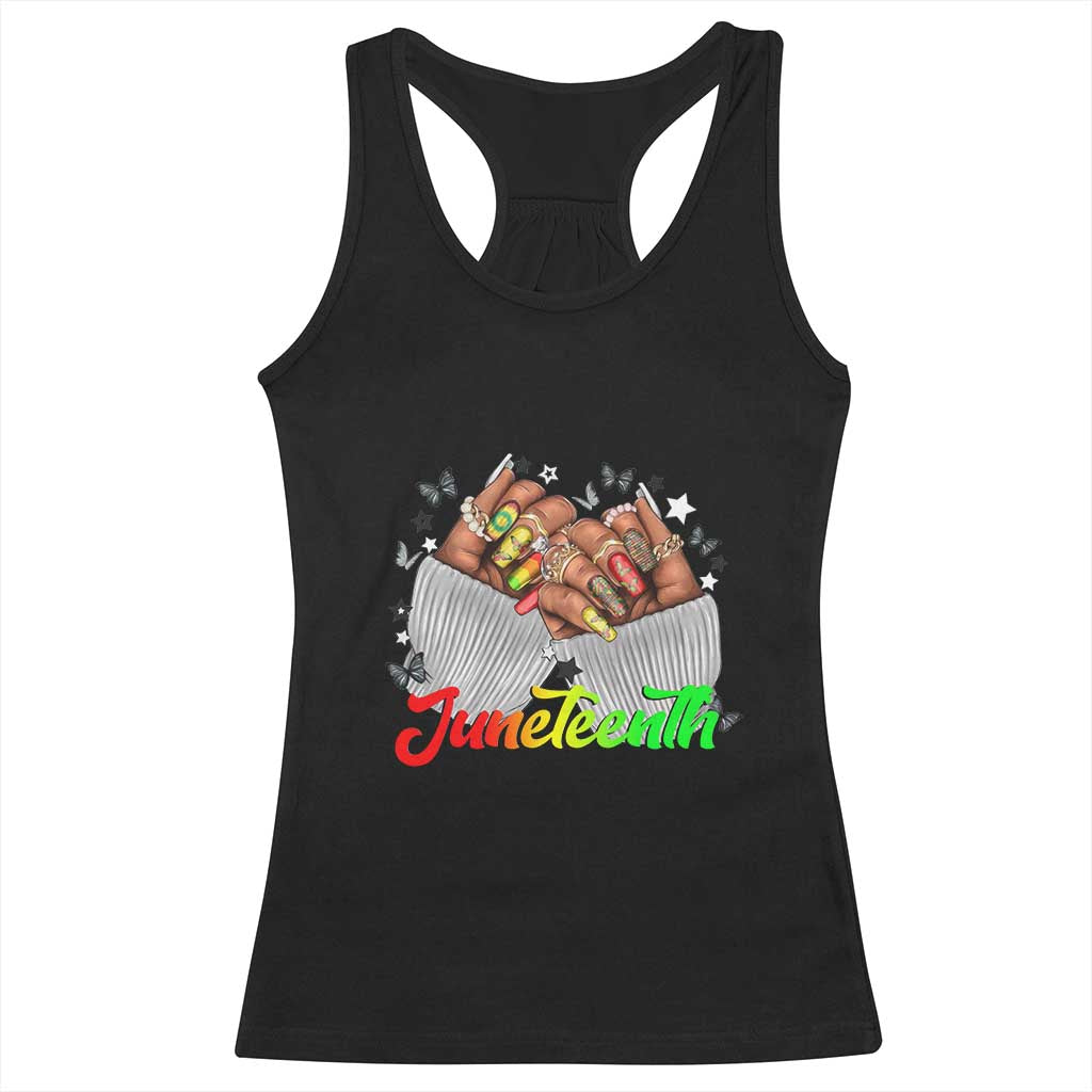 Juneteenth Celebration Racerback Tank Top Since 1865 Women Nails Butterflies TS01 Black Print Your Wear