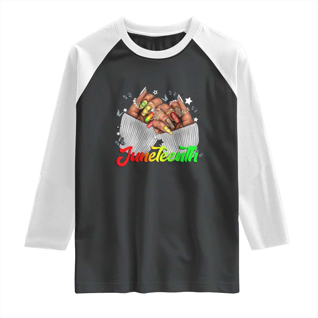 Juneteenth Celebration Raglan Shirt Since 1865 Women Nails Butterflies TS01 Black White Print Your Wear