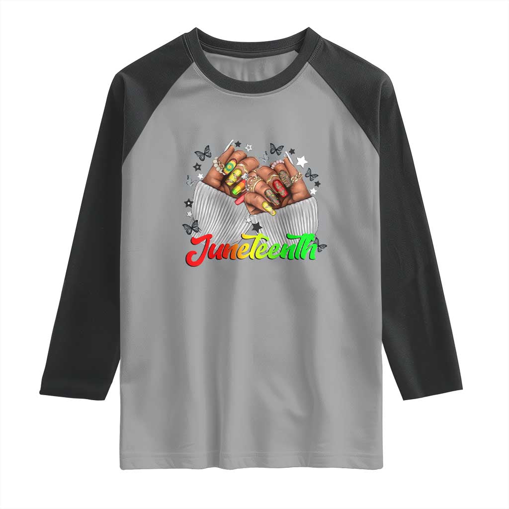 Juneteenth Celebration Raglan Shirt Since 1865 Women Nails Butterflies TS01 Sport Gray Black Print Your Wear