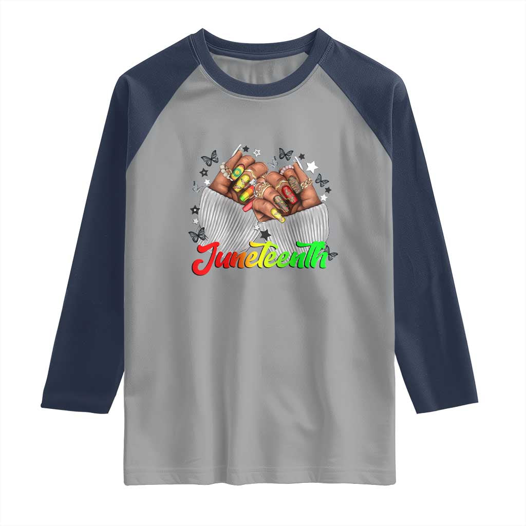 Juneteenth Celebration Raglan Shirt Since 1865 Women Nails Butterflies TS01 Sport Gray Navy Print Your Wear