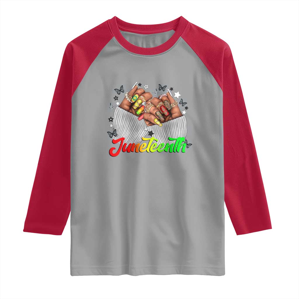 Juneteenth Celebration Raglan Shirt Since 1865 Women Nails Butterflies TS01 Sport Gray Red Print Your Wear