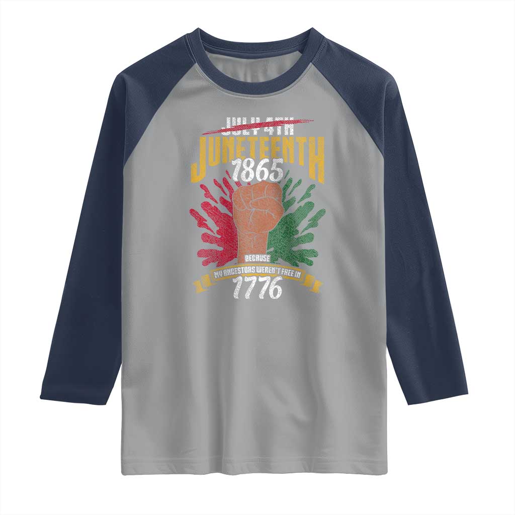 Juneteenth Since 1865 Raglan Shirt My Ancestors Weren't Free In 1776 TS01 Sport Gray Navy Print Your Wear