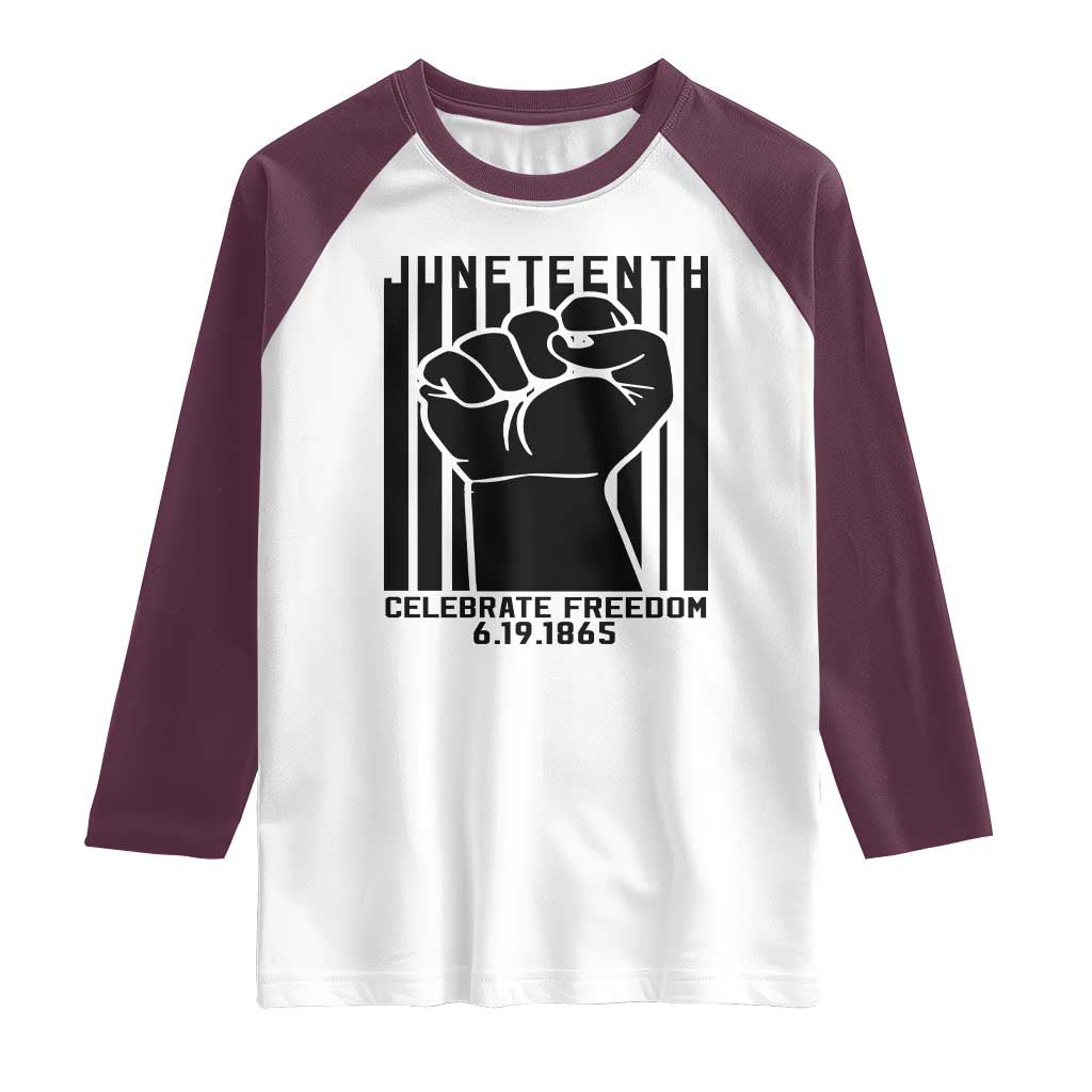 Juneteenth 1865 Independence Raglan Shirt Celebrate Freedom Raised Fist TS01 White Maroon Print Your Wear
