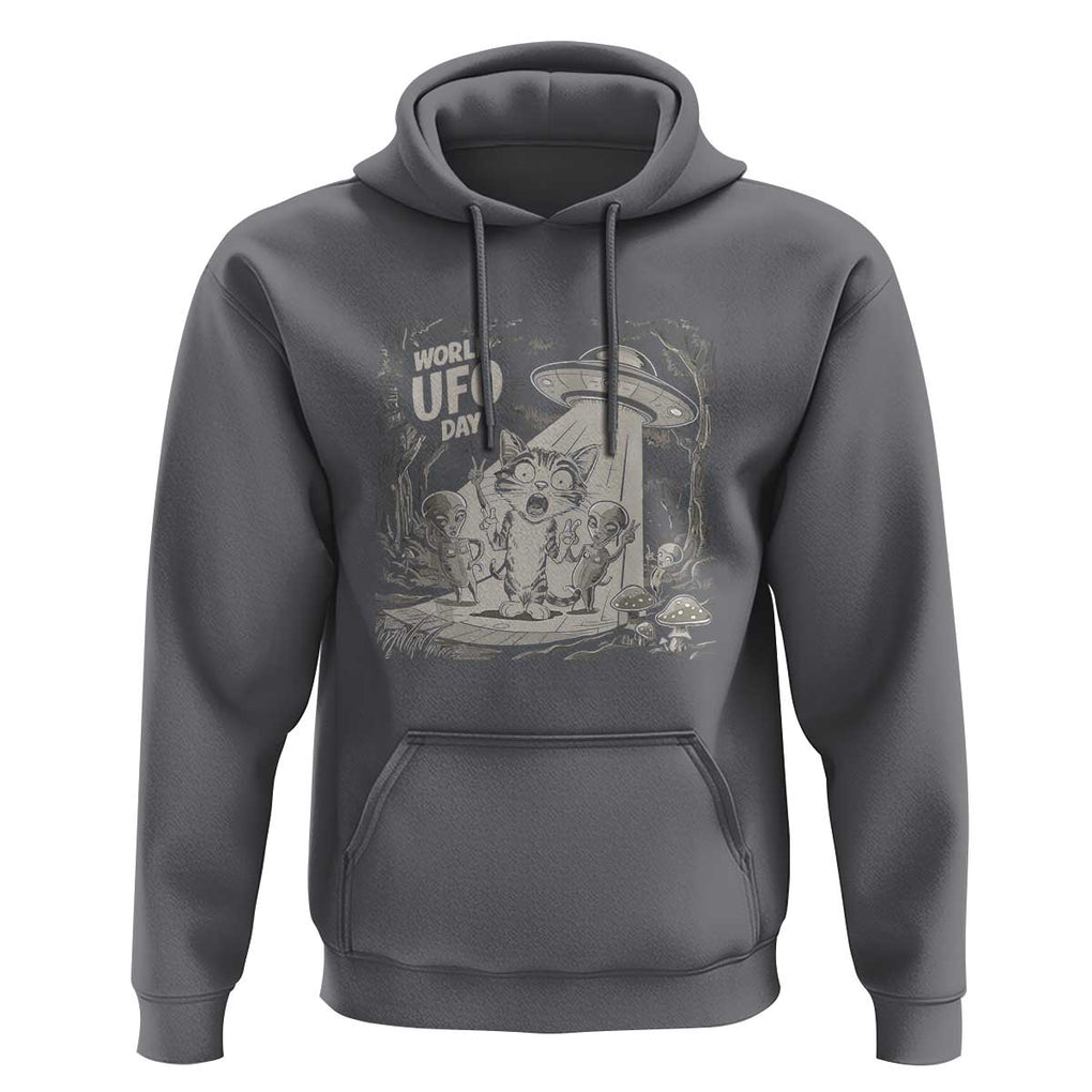 Funny Surprised Cat with UFOs Peace Sign Alien UFO Invasion Hoodie TS01 Charcoal Print Your Wear