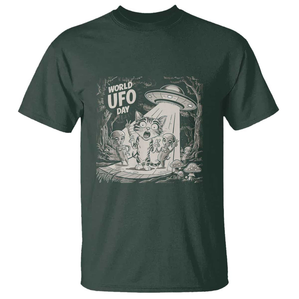 Funny Surprised Cat with UFOs Peace Sign Alien UFO Invasion T Shirt TS01 Dark Forest Green Print Your Wear