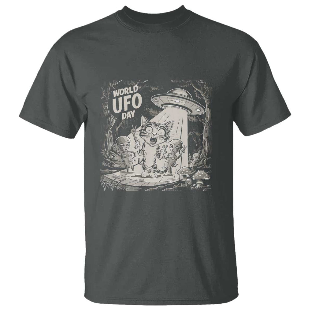 Funny Surprised Cat with UFOs Peace Sign Alien UFO Invasion T Shirt TS01 Dark Heather Print Your Wear