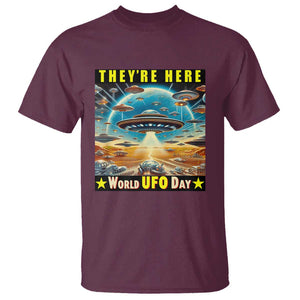 They're Here World UFO Day July 2nd T Shirt TS01 Maroon Print Your Wear