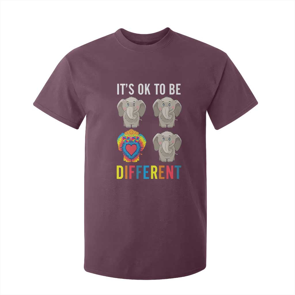 Autism Acceptance T Shirt For Kid It's Ok To Be Different Tie Dye Elephant Hippy Style TS01 Maroon Printyourwear