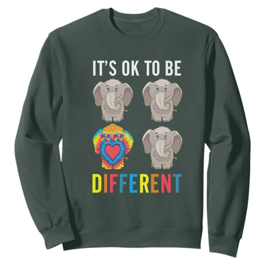 Autism Acceptance Sweatshirt It's Ok To Be Different Tie Dye Elephant Hippy Style TS01 Dark Forest Green Printyourwear