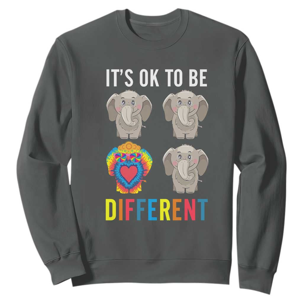 Autism Acceptance Sweatshirt It's Ok To Be Different Tie Dye Elephant Hippy Style TS01 Dark Heather Printyourwear