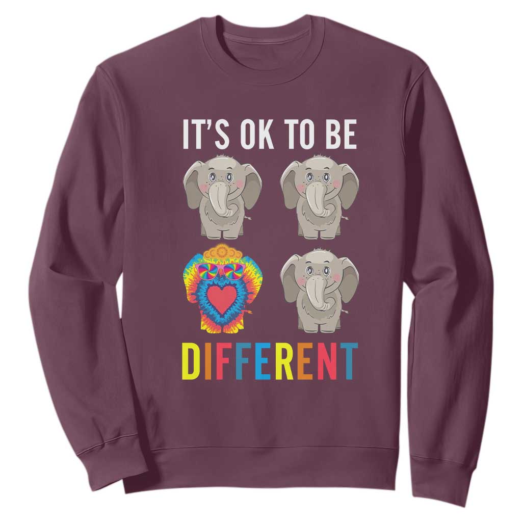 Autism Acceptance Sweatshirt It's Ok To Be Different Tie Dye Elephant Hippy Style TS01 Maroon Printyourwear