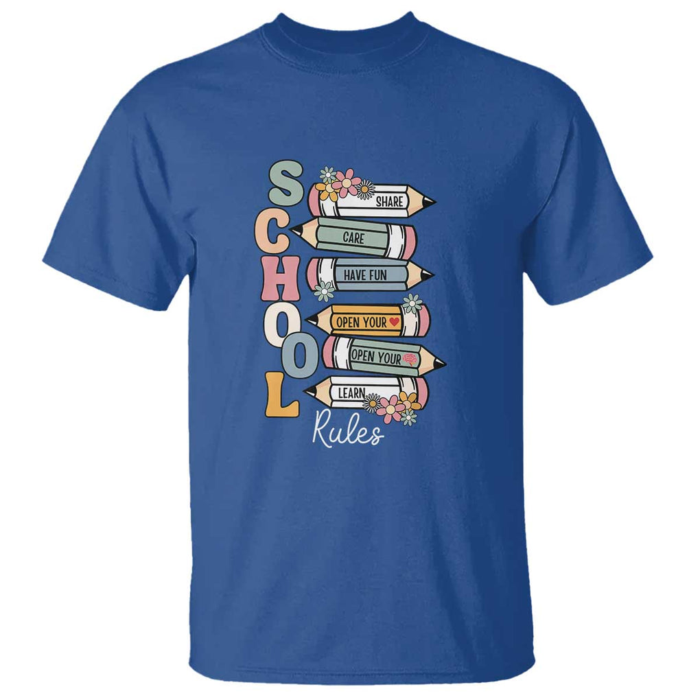 Back to School Teacher T Shirt Classroom Rules, Share, Care, Learn TS01 Royal Blue Print Your Wear