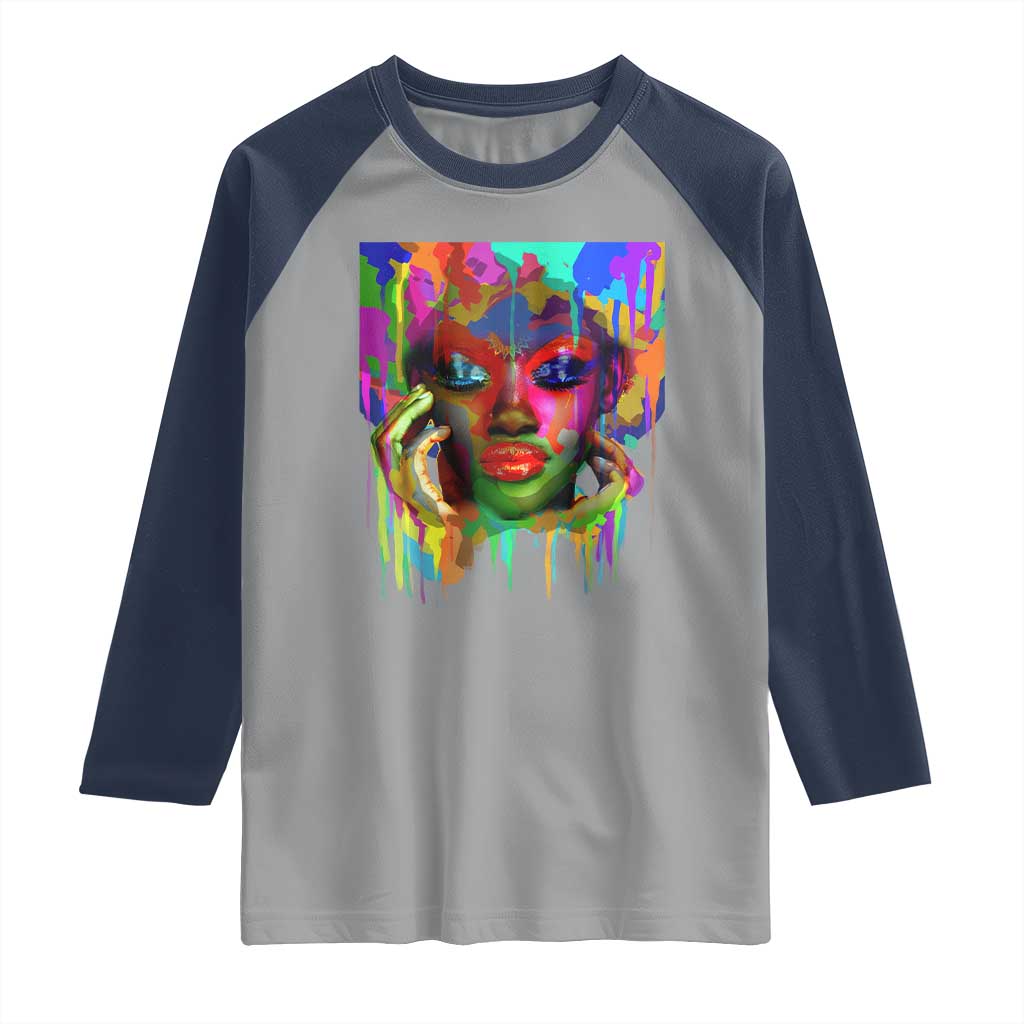 Afro Woman Graphic Raglan Shirt African Pride Color Painted TS01 Sport Gray Navy Print Your Wear