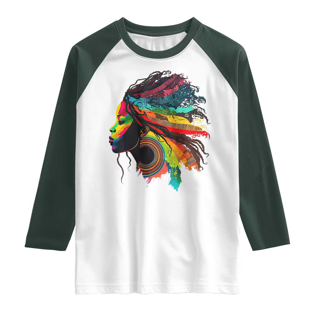 Proud Afro Roots Raglan Shirt Rainbow Dashiki African Tribal Woman Natural Hair TS01 White Dark Forest Green Print Your Wear