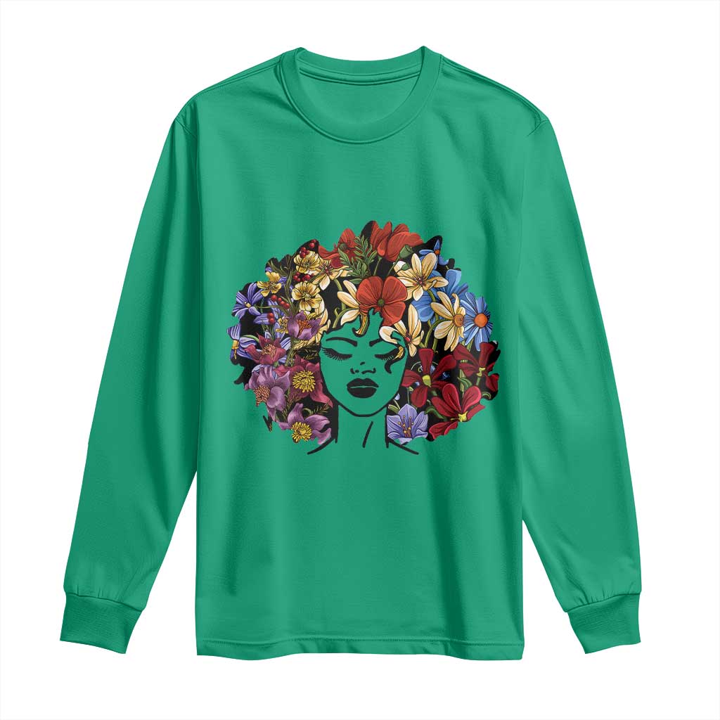 Black History Long Sleeve Shirt For Women Afro Flower Hair Juneteenth TS01 Irish Green Print Your Wear