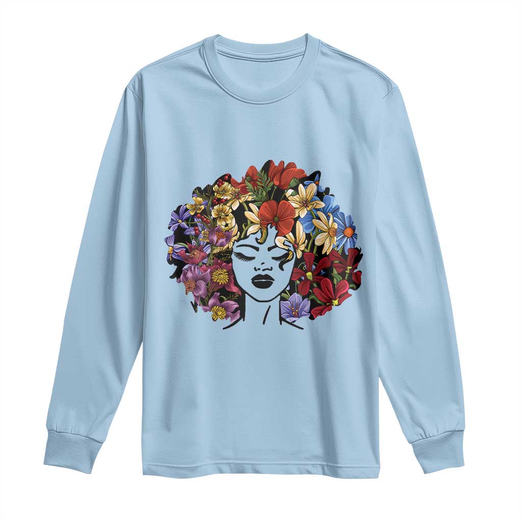 Black History Long Sleeve Shirt For Women Afro Flower Hair Juneteenth TS01 Light Blue Print Your Wear