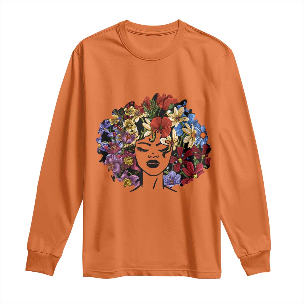 Black History Long Sleeve Shirt For Women Afro Flower Hair Juneteenth TS01 Orange Print Your Wear